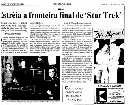 Estadão, 17 de abril de 1994. Estreia de Deep Space Nine na TV Record.